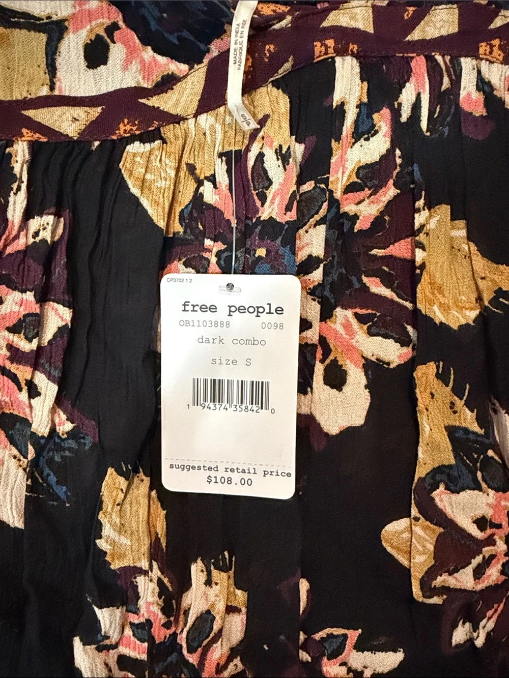Free People Black Floral V-Neck Crisscross Romper with Mustard and Pink Accents